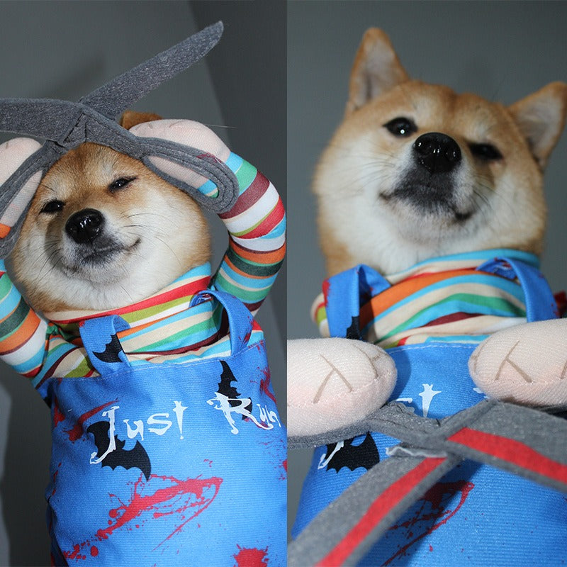 Creepy Standing Chucky-Style Dog Halloween Costume – Scissor Hands Horror Pet Outfit