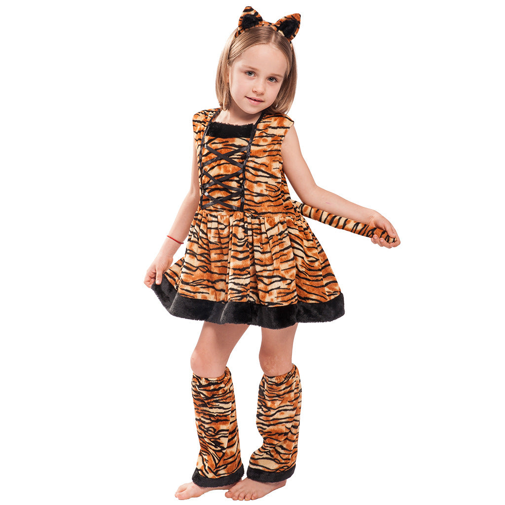 Tiger Girl Halloween Costume – Cute Sleeveless Dress with Headband & Leg Warmers