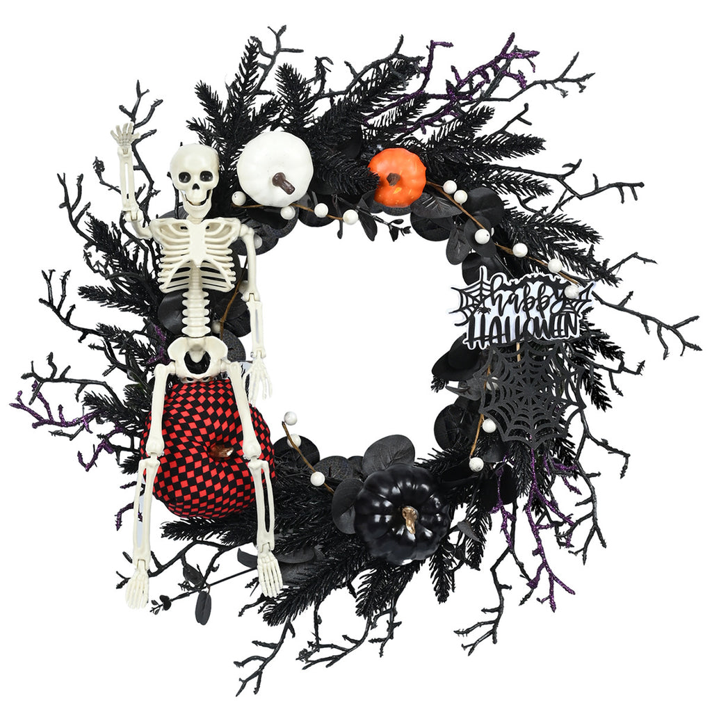 Halloween Skull & Pumpkin Wreath – Gothic Door Decor