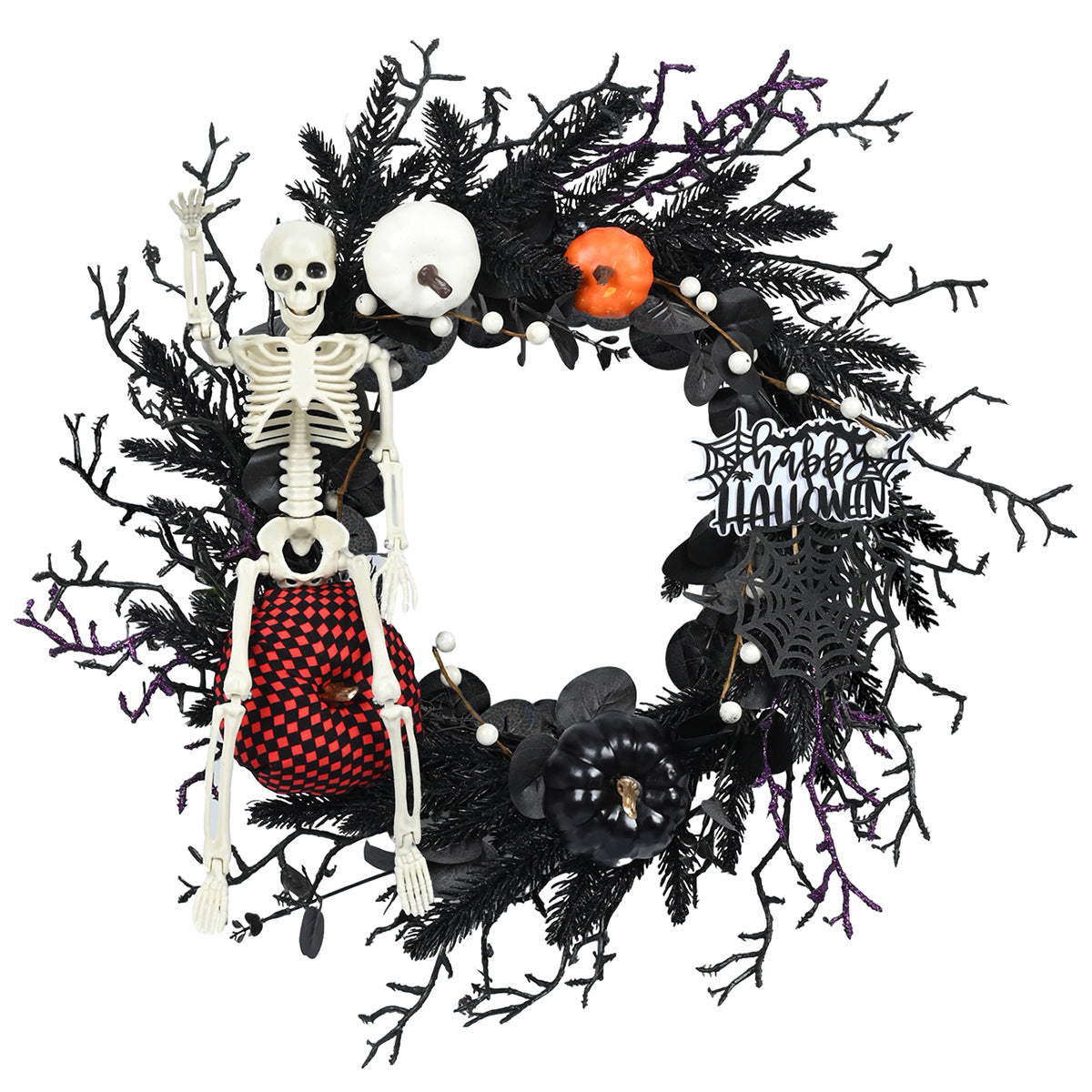 Halloween Skull & Pumpkin Wreath – Gothic Door Decor