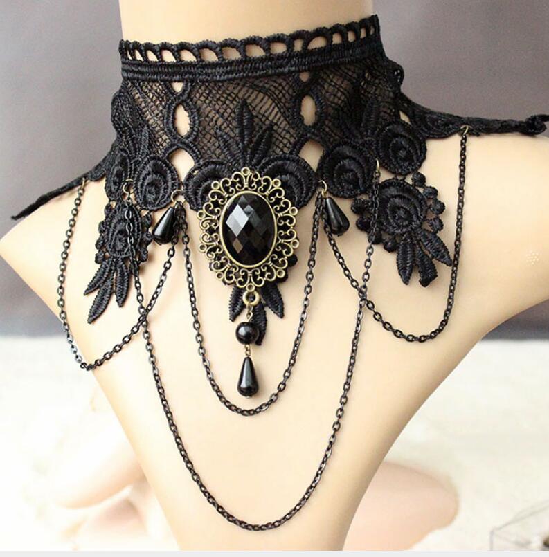 Black Lace Gemstone Choker Collar – Gothic Halloween Costume Necklace