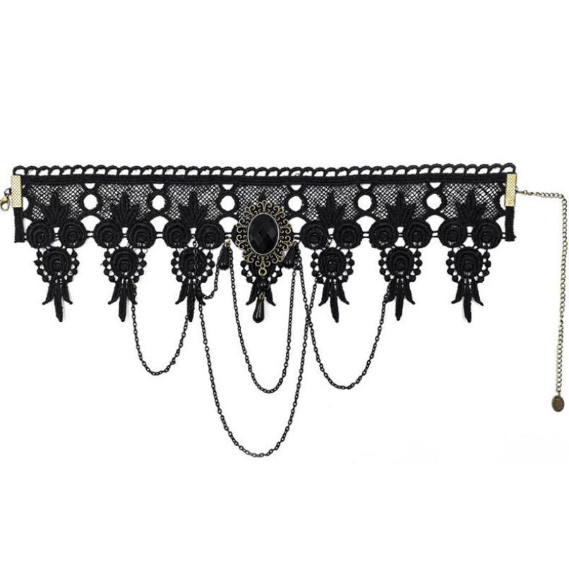 Black Lace Gemstone Choker Collar – Gothic Halloween Costume Necklace