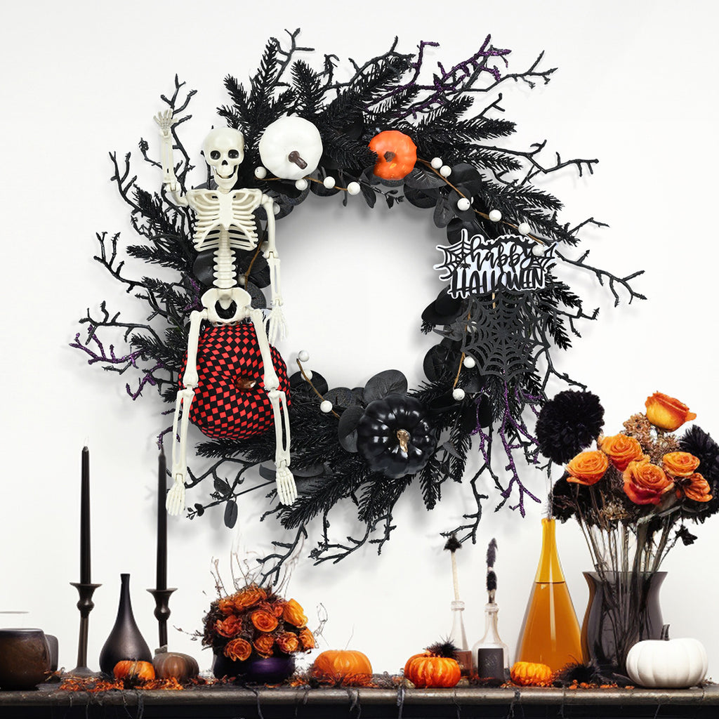 Halloween Skull & Pumpkin Wreath – Gothic Door Decor