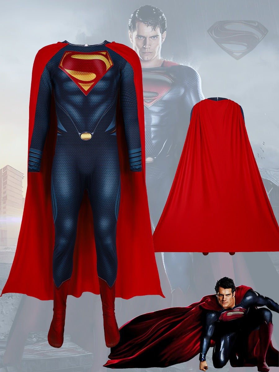 Superman-Inspired Halloween Costume with Cape – Red & Blue Superhero Cosplay Suit