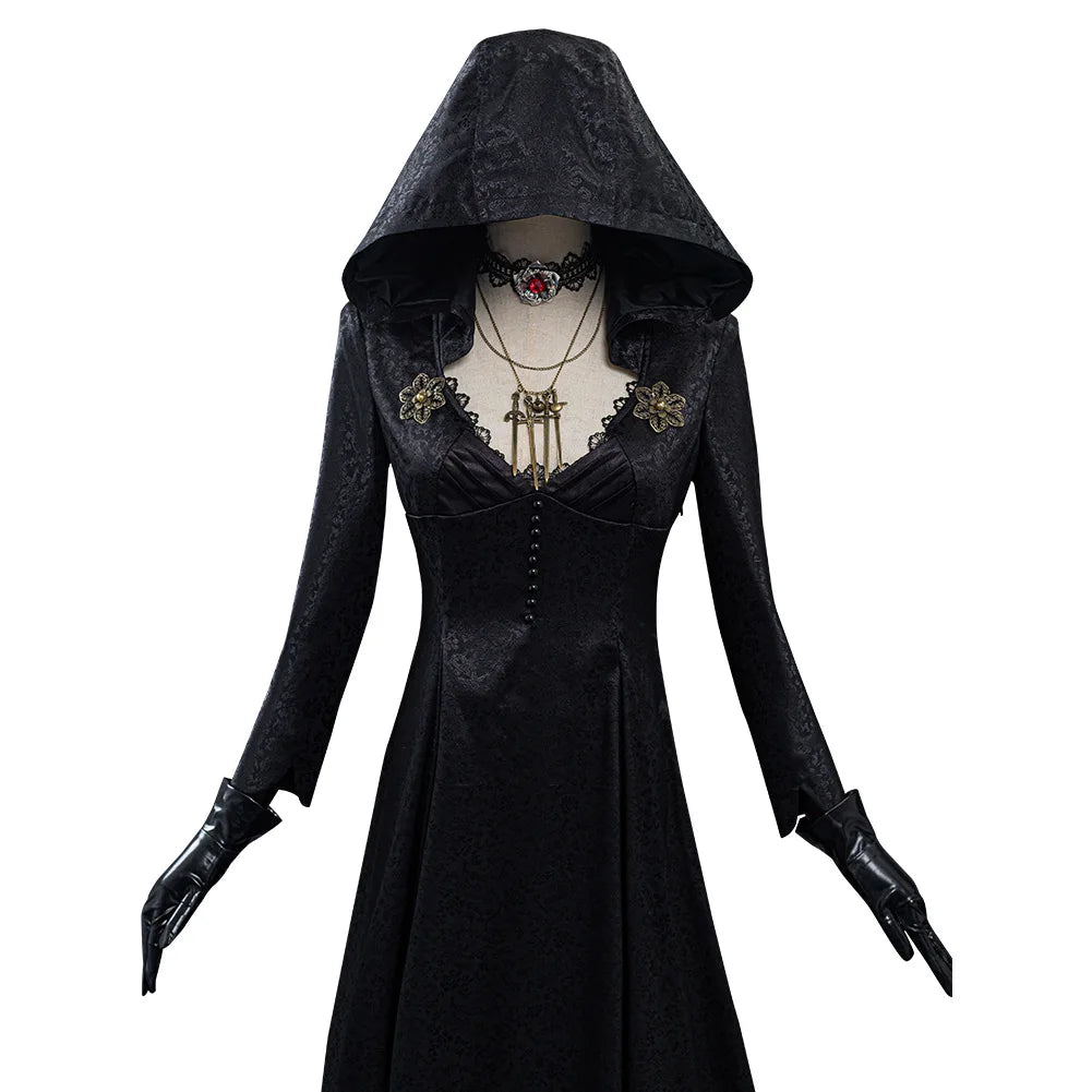 Mysterious Vampire Lady Halloween Costume – Black Cape Dress with Gloves & Necklace