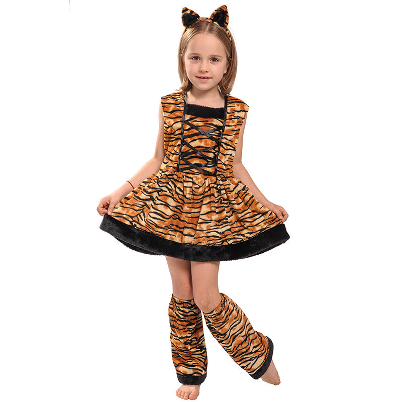 Tiger Girl Halloween Costume – Cute Sleeveless Dress with Headband & Leg Warmers
