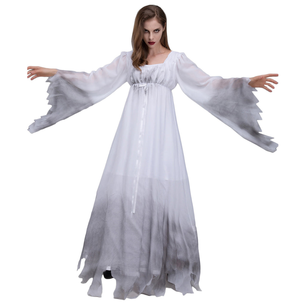 Haunting White Ghost Halloween Costume – Women’s Long Flowing Ghost Dress M–2XL