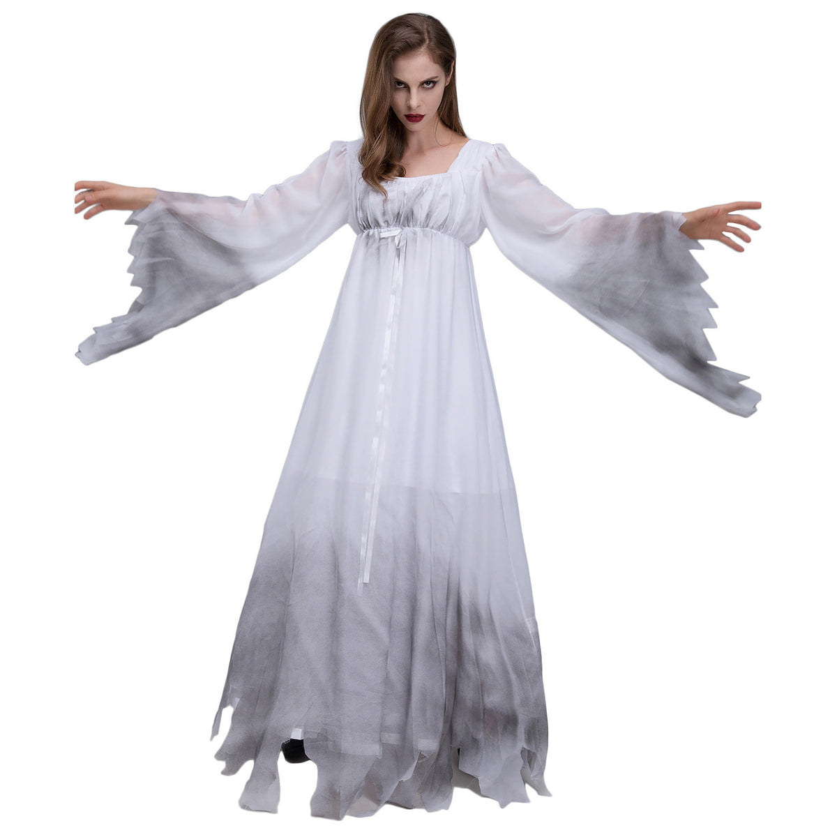 Haunting White Ghost Halloween Costume – Women’s Long Flowing Ghost Dress M–2XL
