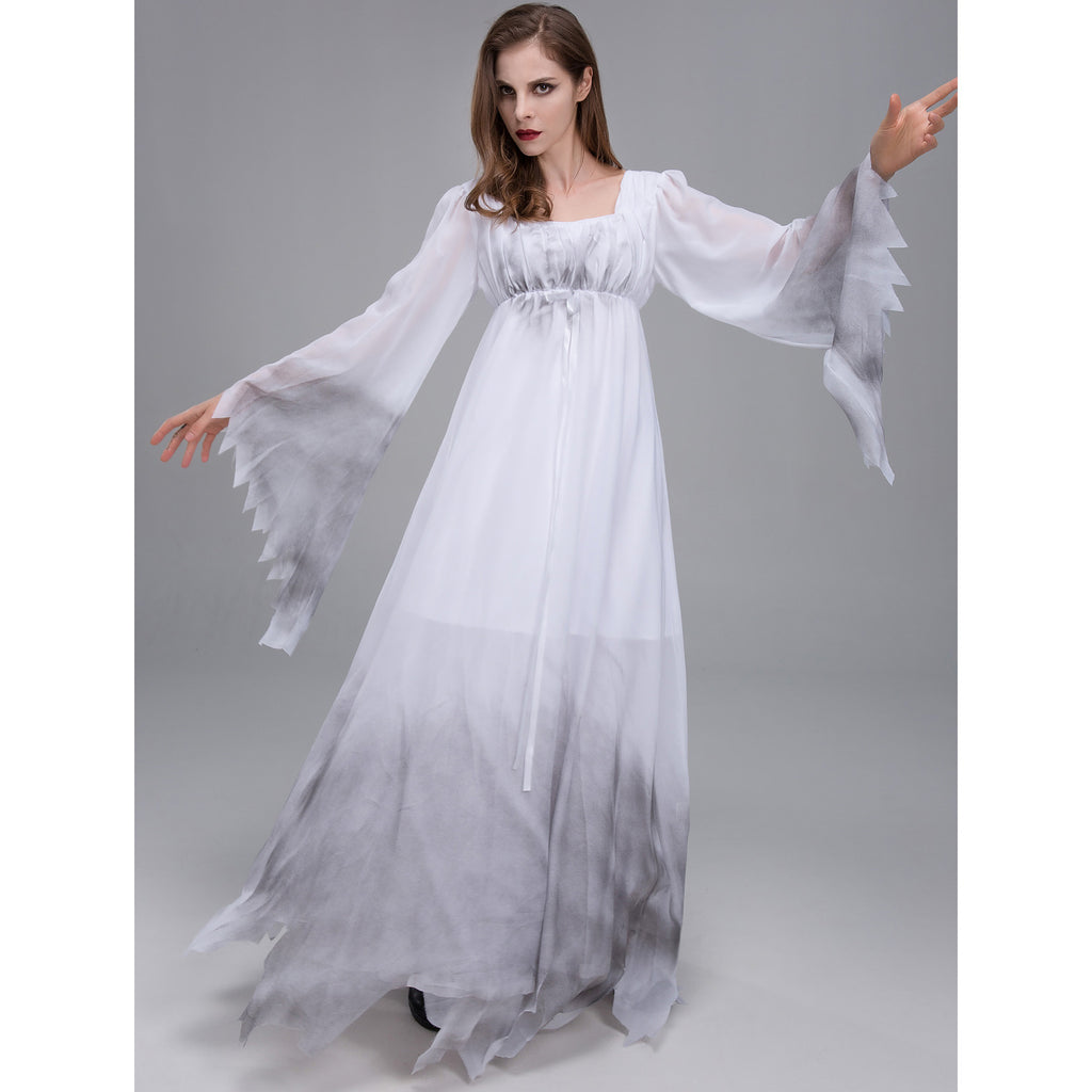 Haunting White Ghost Halloween Costume – Women’s Long Flowing Ghost Dress M–2XL