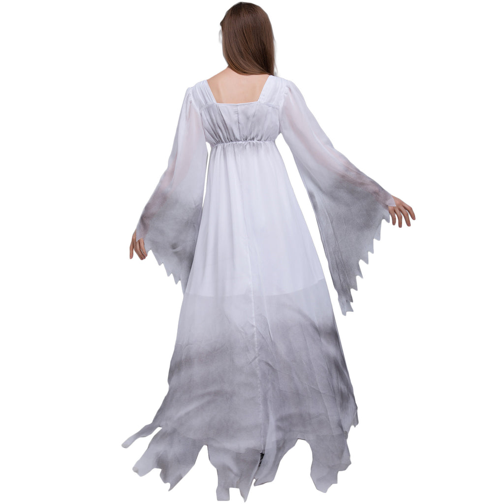 Haunting White Ghost Halloween Costume – Women’s Long Flowing Ghost Dress M–2XL