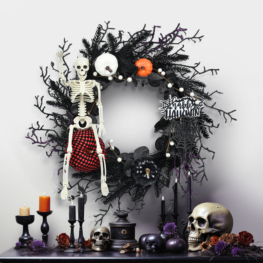 Halloween Skull & Pumpkin Wreath – Gothic Door Decor