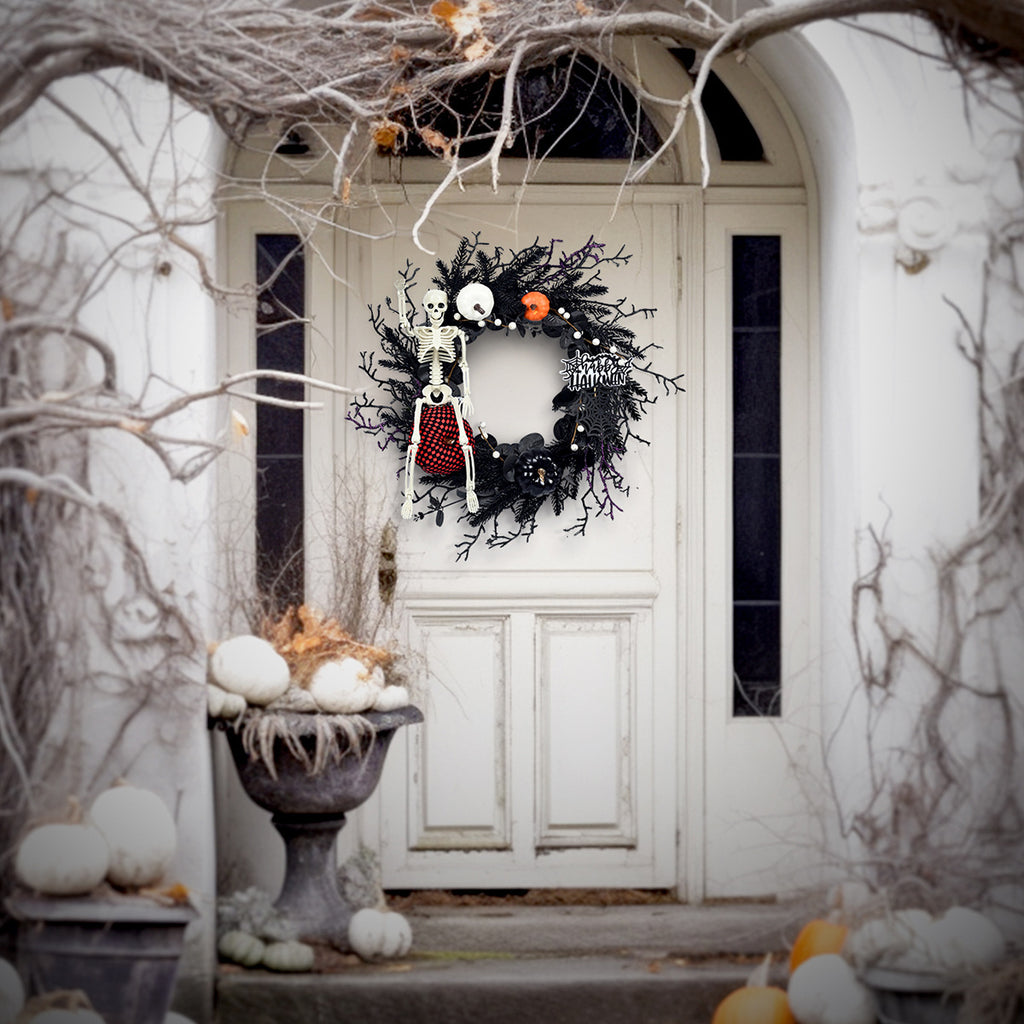 Halloween Skull & Pumpkin Wreath – Gothic Door Decor