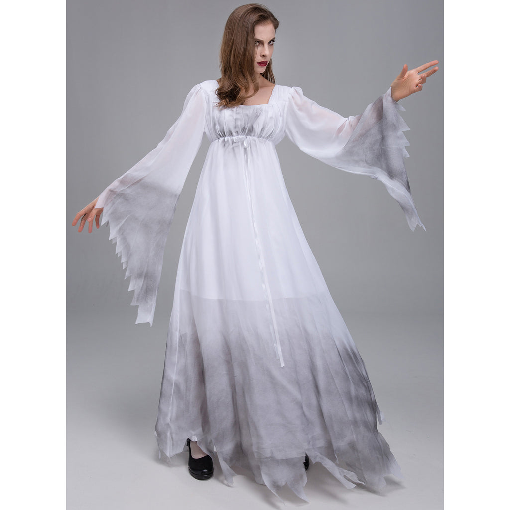 Haunting White Ghost Halloween Costume – Women’s Long Flowing Ghost Dress M–2XL