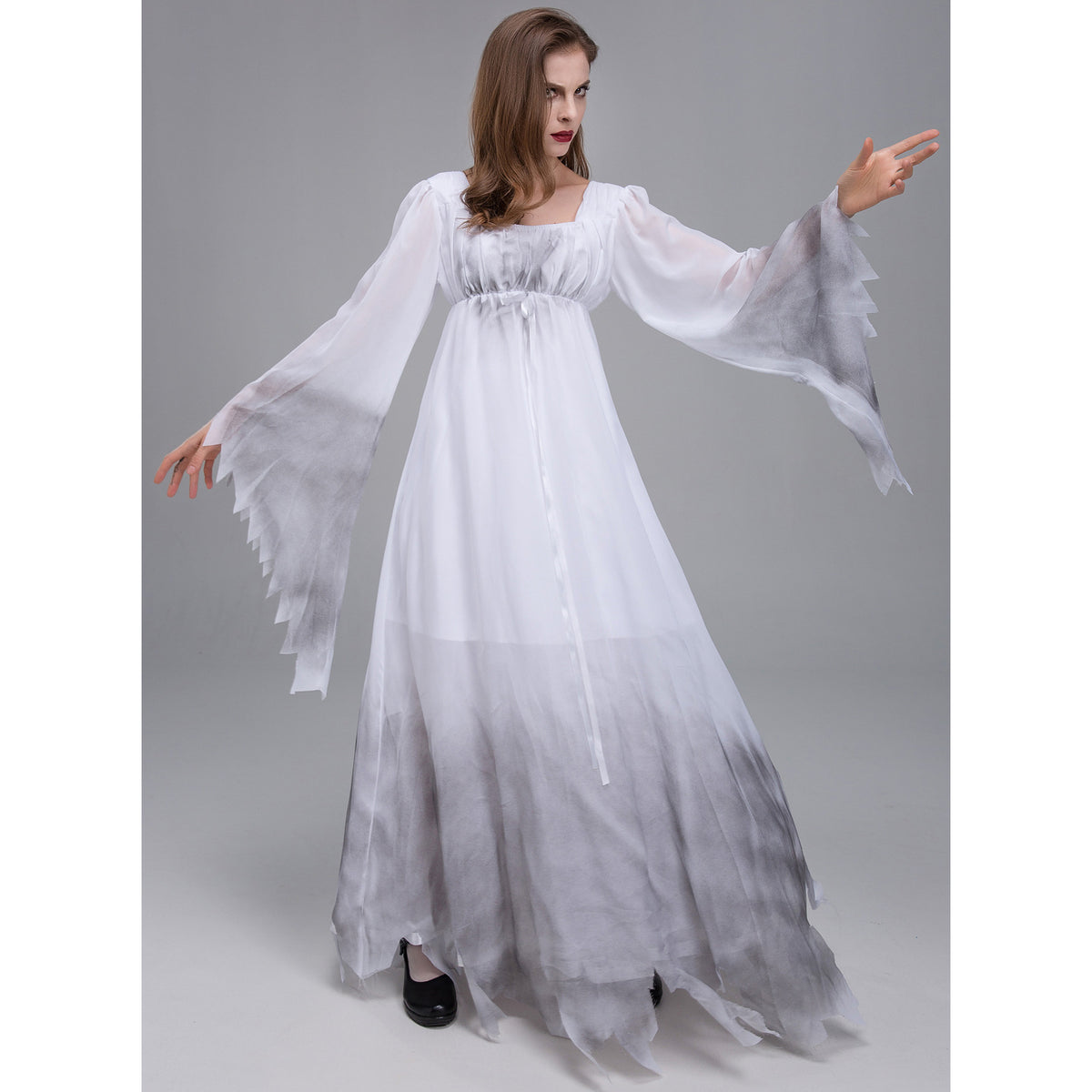 Haunting White Ghost Halloween Costume – Women’s Long Flowing Ghost Dress M–2XL