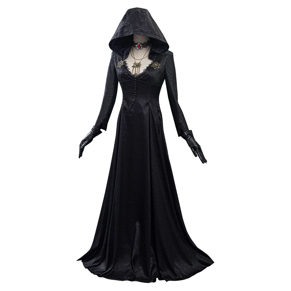 Mysterious Vampire Lady Halloween Costume – Black Cape Dress with Gloves & Necklace