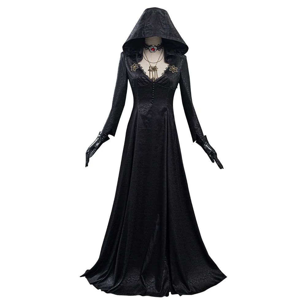 Mysterious Vampire Lady Halloween Costume – Black Cape Dress with Gloves & Necklace