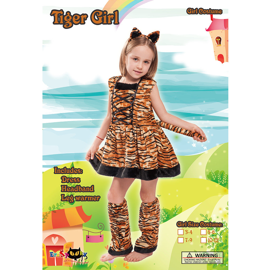Tiger Girl Halloween Costume – Cute Sleeveless Dress with Headband & Leg Warmers