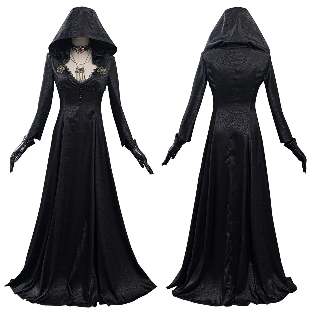 Mysterious Vampire Lady Halloween Costume – Black Cape Dress with Gloves & Necklace