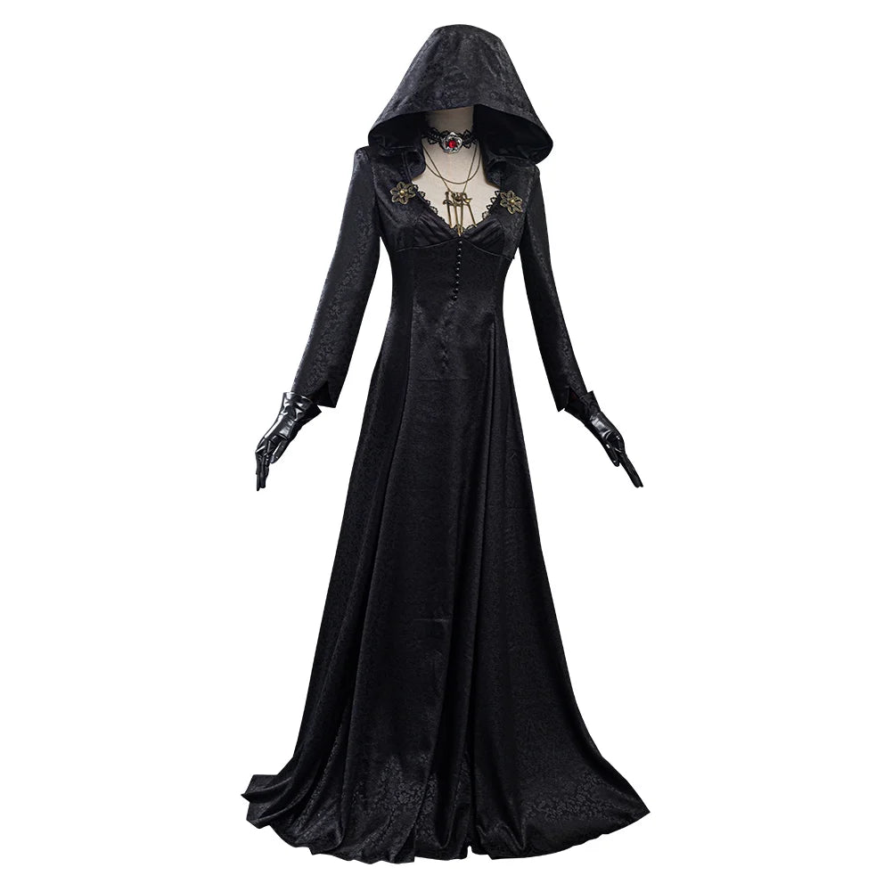 Mysterious Vampire Lady Halloween Costume – Black Cape Dress with Gloves & Necklace