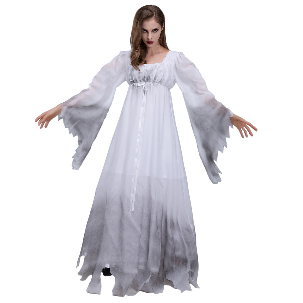 Haunting White Ghost Halloween Costume – Women’s Long Flowing Ghost Dress M–2XL