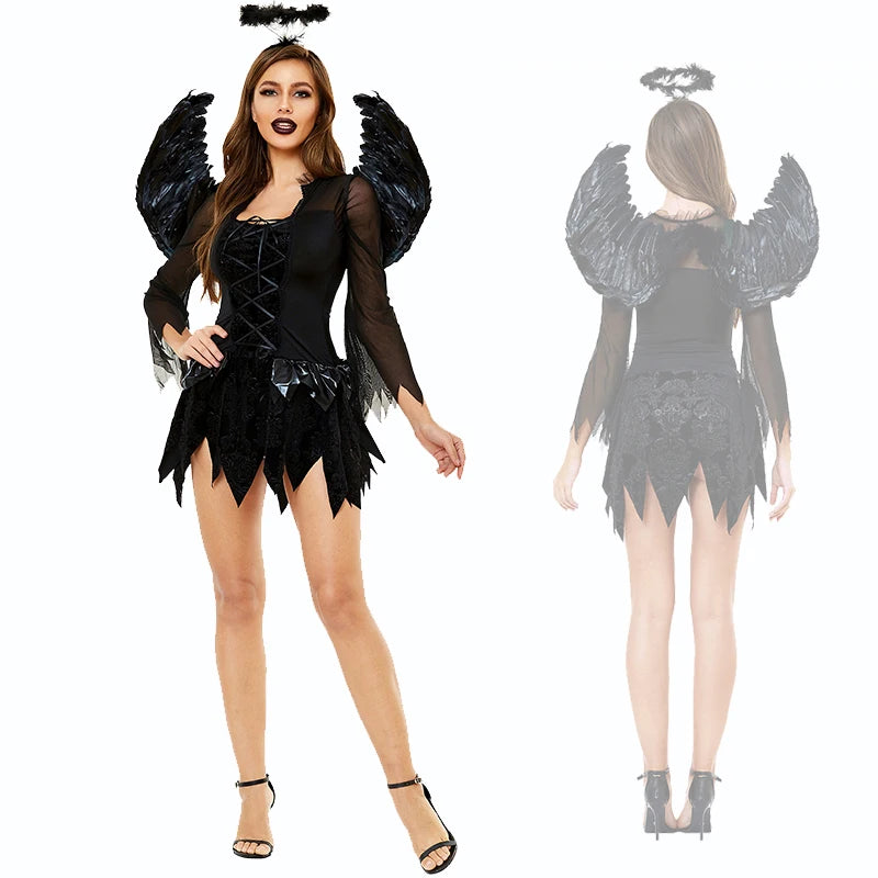 Fantasy Angel Fairy Halloween Costume – Feather Wings Dress with Headband